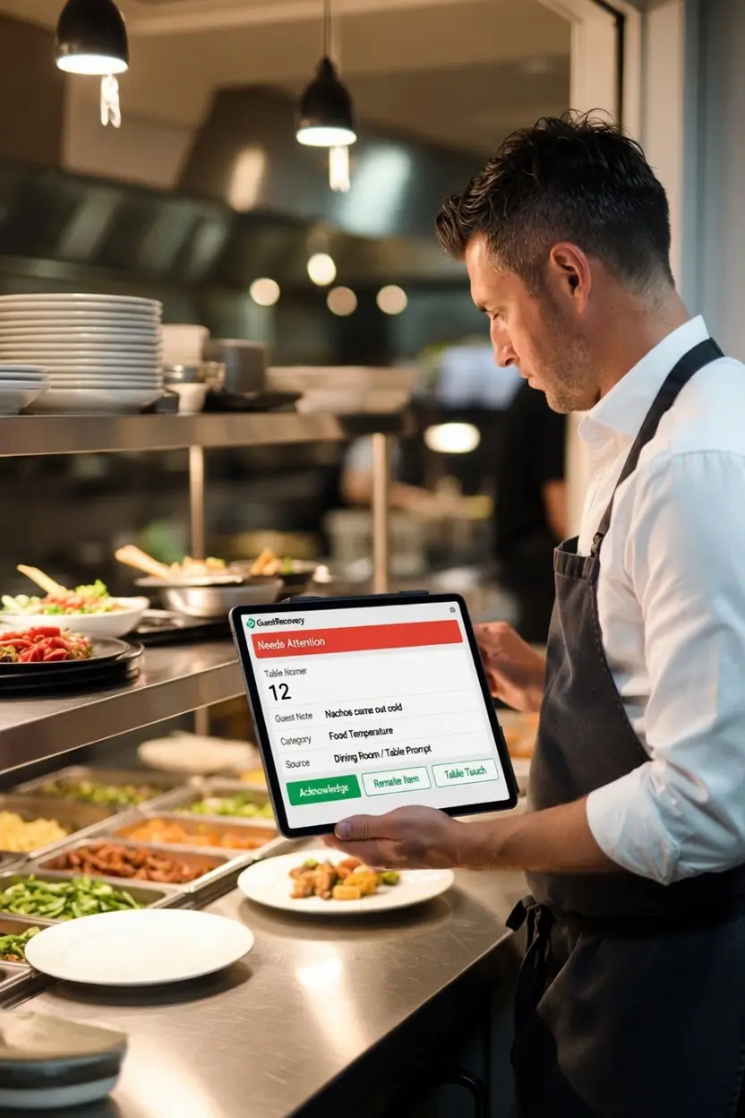 Restaurant manager viewing a live GuestRecovery recovery alert on a tablet in the kitchen during service