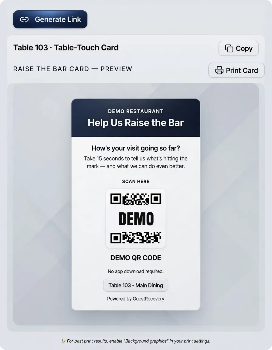 GuestRecovery QR code manager showing a printable Raise the Bar table card preview