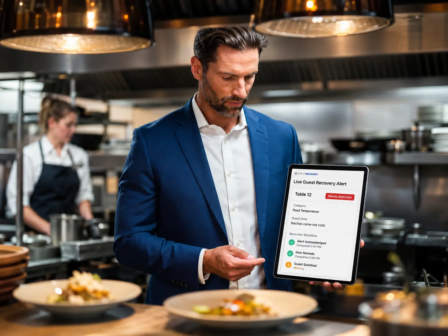 Restaurant manager viewing a live GuestRecovery alert showing Table 12, food temperature issue, guest note, alert acknowledgment, item remake, and guest satisfaction status