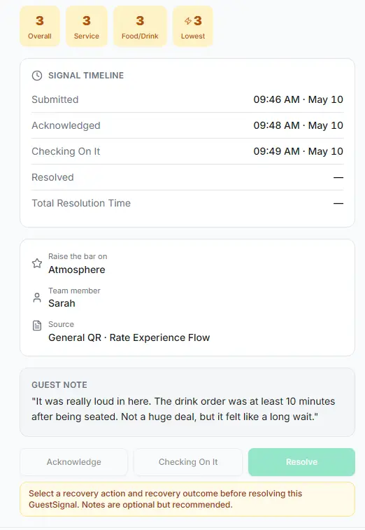 GuestRecovery at-risk feedback screen showing manager is checking on the guest signal before resolving it