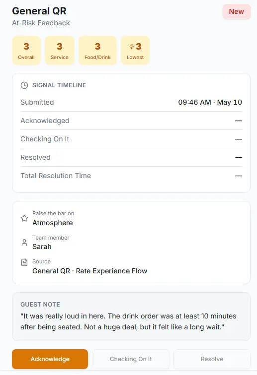 New GuestRecovery at-risk feedback detail screen before acknowledgement