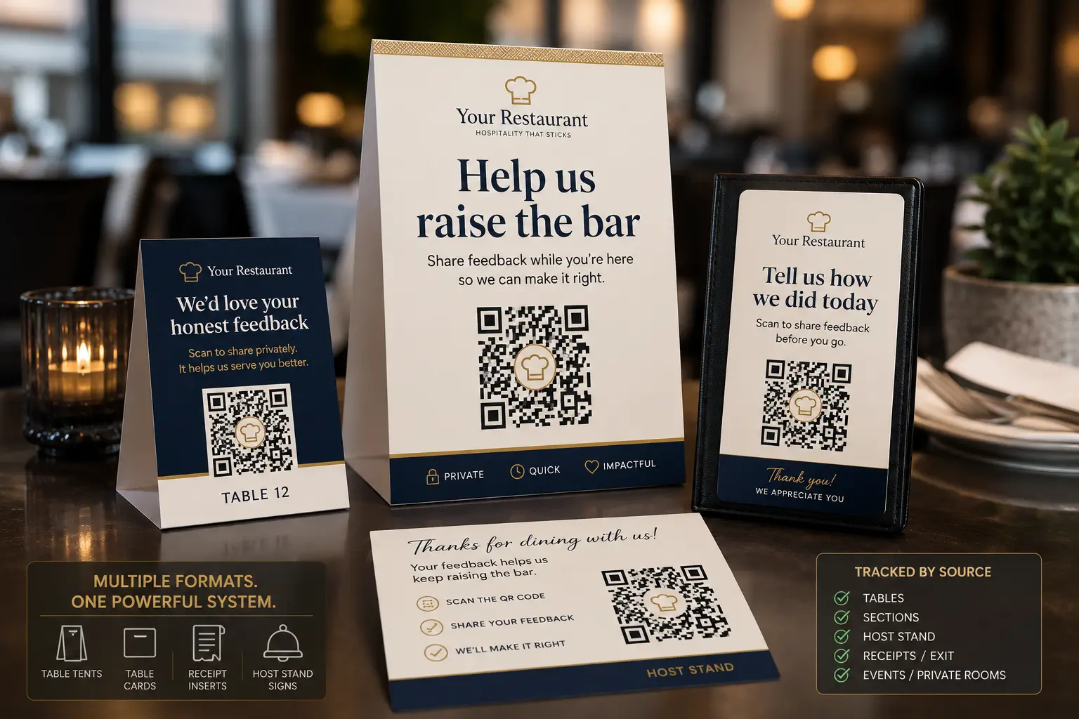 GuestRecovery QR code materials including table tent, table-touch card, and receipt prompt