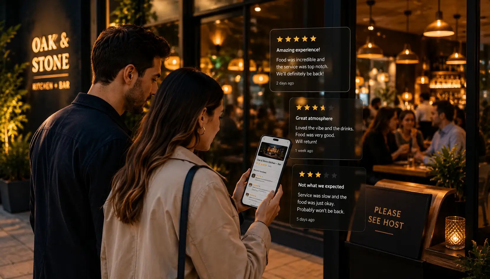 Modern diners checking restaurant reviews and star ratings on a phone before choosing where to eat